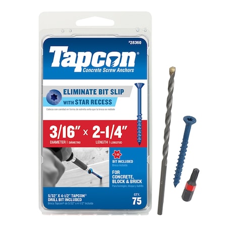 Tapcon Concrete Screw, 3/16 Dia., Flat, 2 1/4 In L, Climaseal Coated, 75 PK